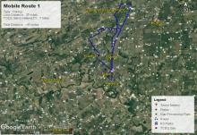 Figure 1: An air quality monitoring route near Karnes City, TX, that allows us to sample near three active flares and a gas processing plant.