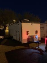 Trailer that is being outfitted with air, radiation, and noise sampling equipment for placement in the Permian Basin and Eagle Ford Shale, Texas.